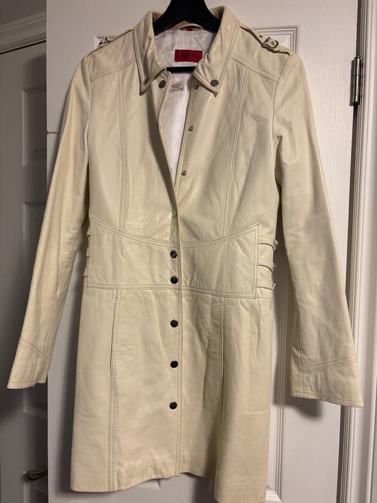 HUGO Jackets & Blazers - HUGO Cream Leather Longline Coat with Snap Front
